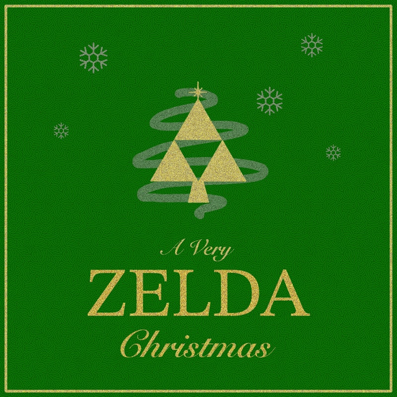 Music album cover with a green background and gold lettering. The art features snowflakes and a Triforce-themed abstract Christmas tree along with the album title "A Very Zelda Christmas".