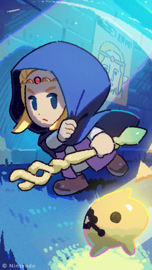 Official artwork of Princess Zelda and Tri from The Legend of Zelda: Echoes of Wisdom. Zelda is wearing her hooded disguise while Tri follows along.