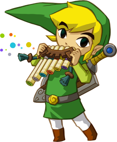 Link from Spirit Tracks playing a the Spirit Flute, a pan flute.