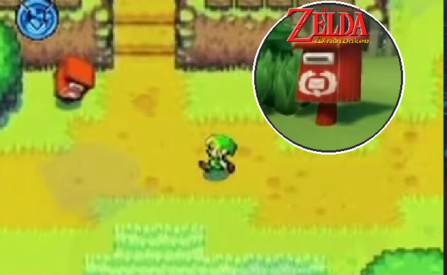 Pre-release screenshot of The Minish Cap showing an unused red postbox sprite. A version of the same postbox from The Wind Waker is featured on the right side of the image.